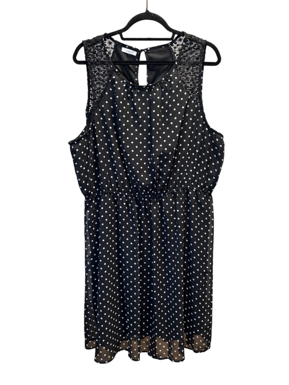 Maurices Black and White Polka Dot Sleeveless Dress with Lace Shoulders